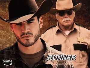 Runner--white text against a background image of a sherif and cowboy
